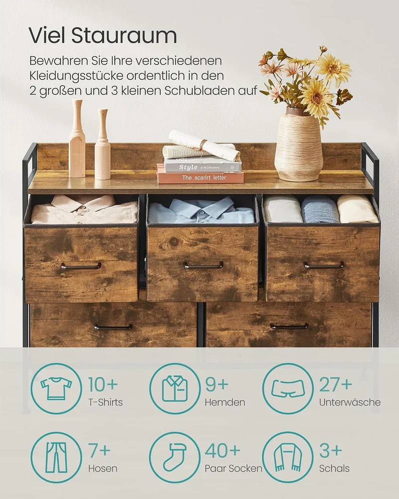 SONGMICS Kommode, Schrank, 5 Stoffschubladen mit Griffen, Metallgestell, Industrie-Design, vintagebr