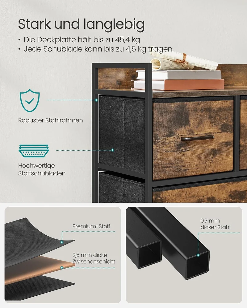 SONGMICS Kommode, Schrank, 5 Stoffschubladen mit Griffen, Metallgestell, Industrie-Design, vintagebr
