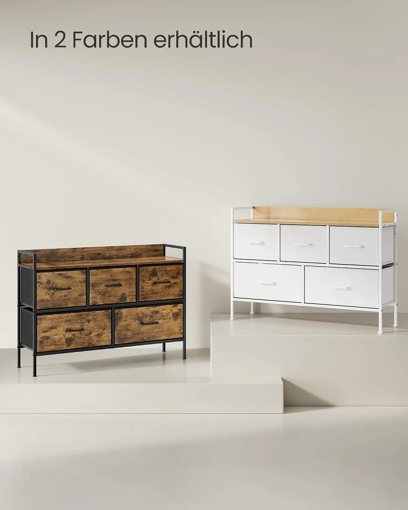 SONGMICS Kommode, Schrank, 5 Stoffschubladen mit Griffen, Metallgestell, Industrie-Design, vintagebr