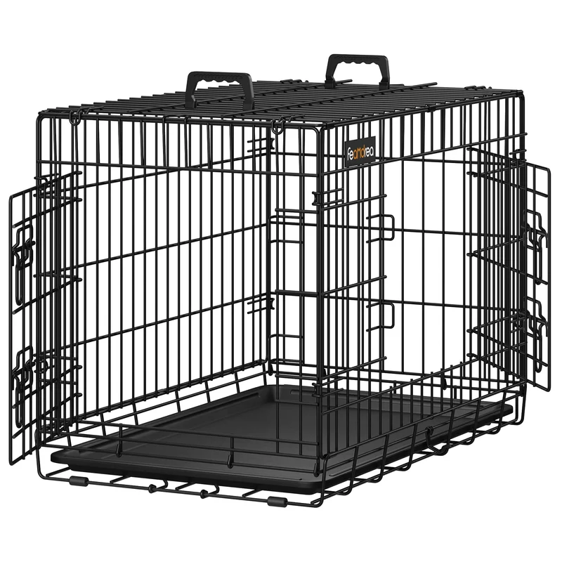Feandrea Hundekäfig, klappbar, mit 2 Türen, ausziehbare Kunststoffschale, 77,5 x 48,5 x 55,5 cm, M,