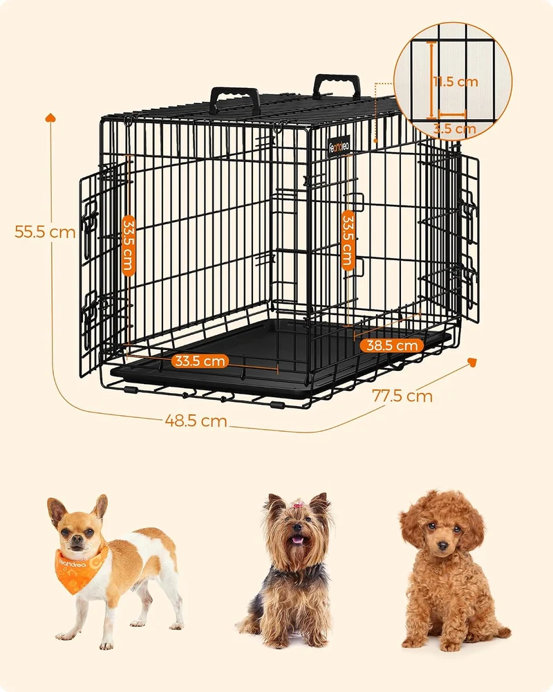 Feandrea Hundekäfig, klappbar, mit 2 Türen, ausziehbare Kunststoffschale, 77,5 x 48,5 x 55,5 cm, M,