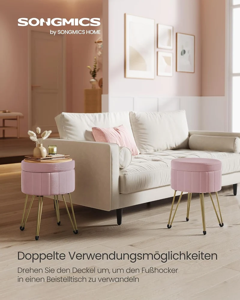 SONGMICS Runder Sitzhocker, mit Stauraum, Samt, 39 cm d, 44,4 cm H
