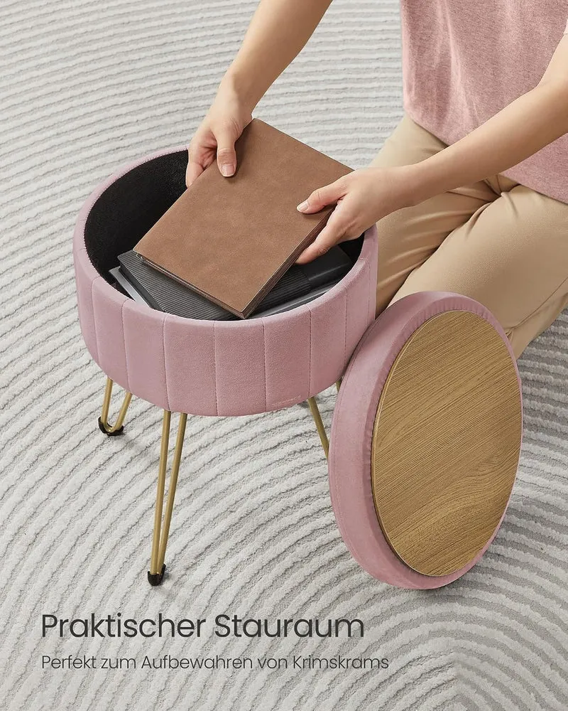 SONGMICS Runder Sitzhocker, mit Stauraum, Samt, 39 cm d, 44,4 cm H
