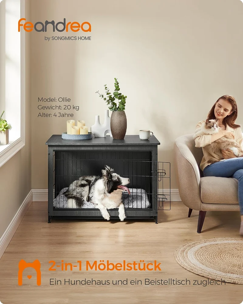 Feandrea Hundekäfig Möbel, Beistelltisch, Hundebox, Moderne Hundehütte Indoor für Hunde bis zu 32 kg