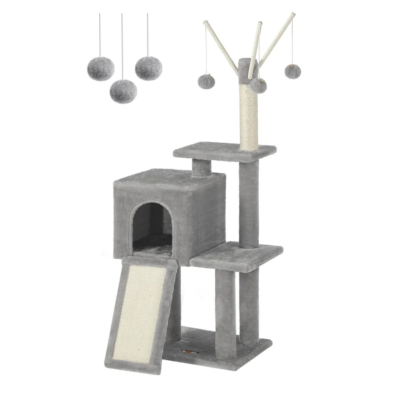 Feandrea Kratzbaum klein, Katzenbaum mit Kratzbrett, 3 abnehmbare Pomponstäbchen, 118cm, hellgrau PC