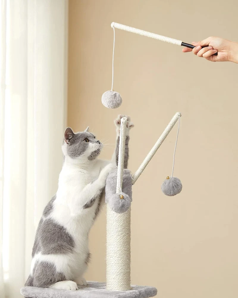 Feandrea Kratzbaum klein, Katzenbaum mit Kratzbrett, 3 abnehmbare Pomponstäbchen, 118cm, hellgrau PC