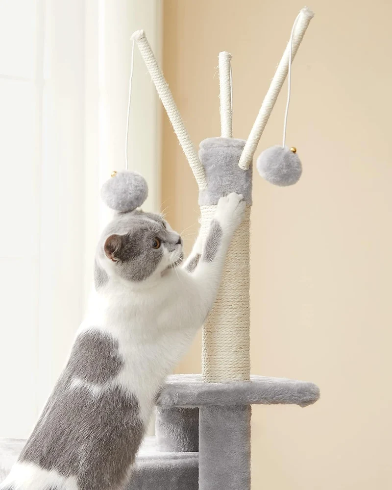 Feandrea Kratzbaum klein, Katzenbaum mit Kratzbrett, 3 abnehmbare Pomponstäbchen, 118cm, hellgrau PC
