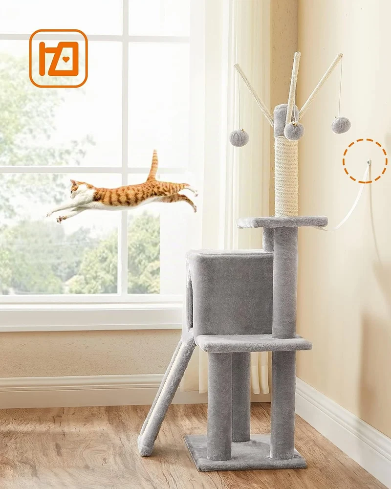 Feandrea Kratzbaum klein, Katzenbaum mit Kratzbrett, 3 abnehmbare Pomponstäbchen, 118cm, hellgrau PC