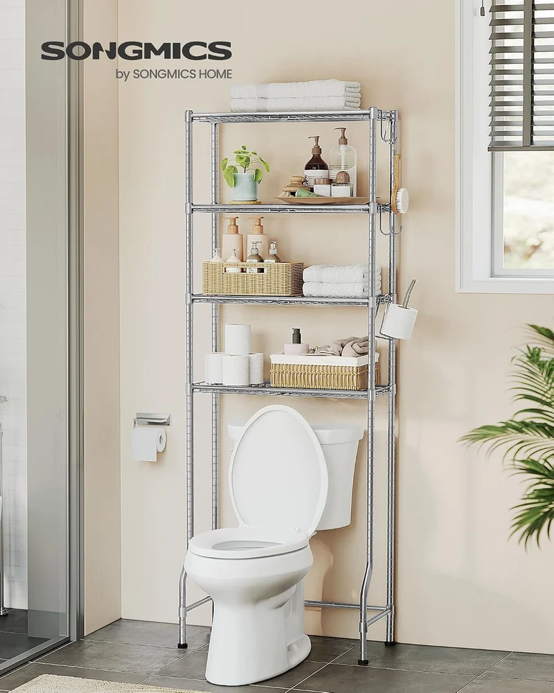SONGMICS Toilettenregal, 4-stöckiges, verstellbare Ablagen, 30 x 63 x 176 cm Taubengrau 63B cm, Taub