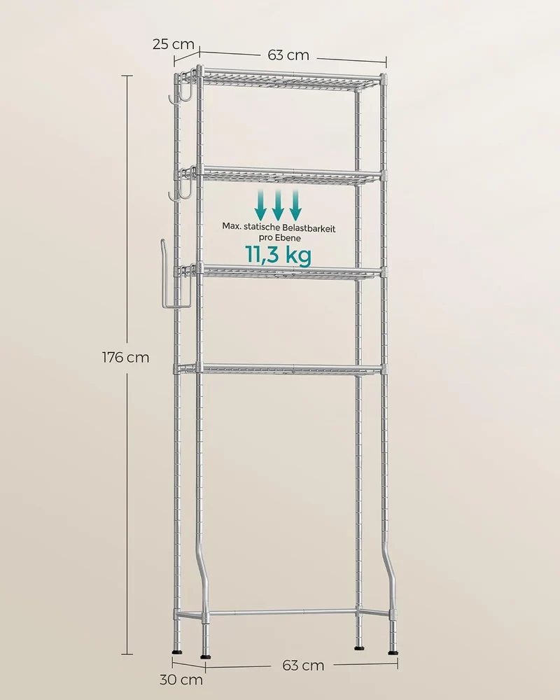 SONGMICS Toilettenregal, 4-stöckiges, verstellbare Ablagen, 30 x 63 x 176 cm Taubengrau 63B cm, Taub