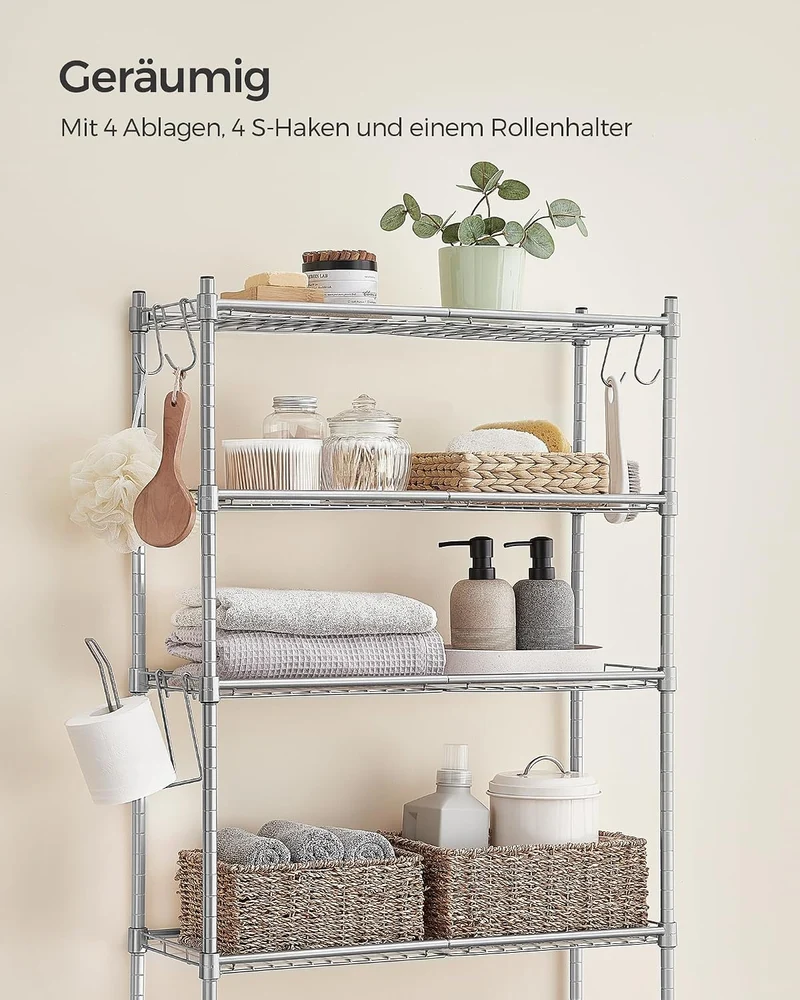 SONGMICS Toilettenregal, 4-stöckiges, verstellbare Ablagen, 30 x 63 x 176 cm Taubengrau 63B cm, Taub