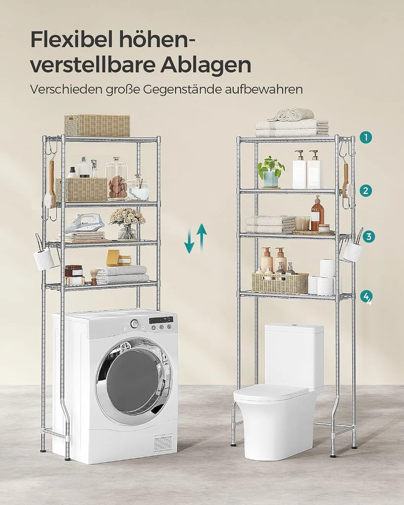 SONGMICS Toilettenregal, 4-stöckiges, verstellbare Ablagen, 30 x 63 x 176 cm Taubengrau 63B cm, Taub