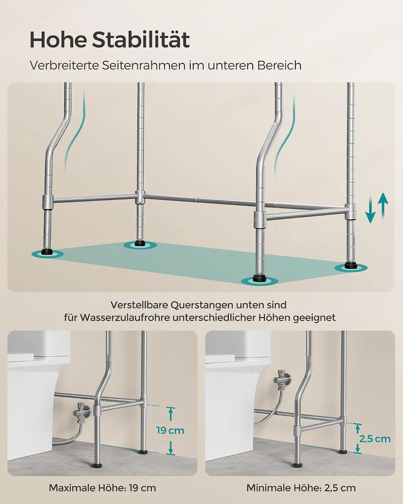 SONGMICS Toilettenregal, 4-stöckiges, verstellbare Ablagen, 30 x 63 x 176 cm Taubengrau 63B cm, Taub