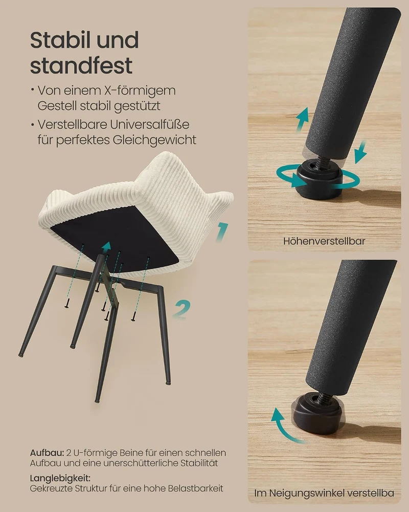 SONGMICS 4er Set Esszimmerstühle, Cord, Polsterstühle mit Armlehnen