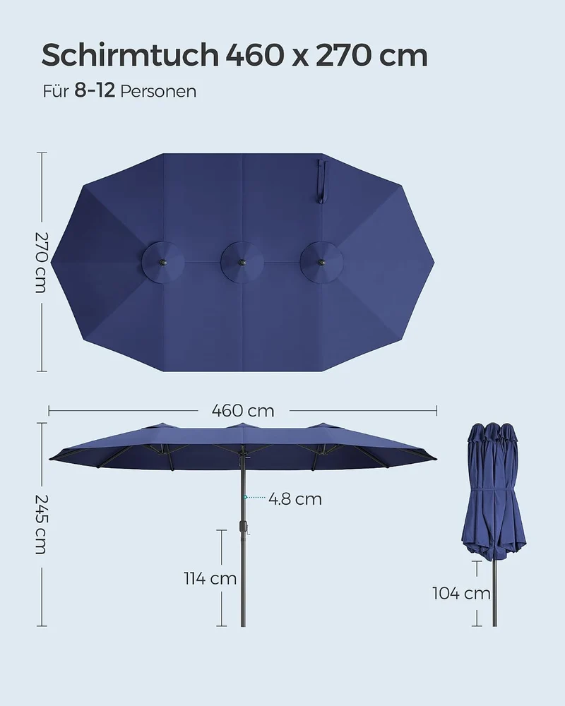 SONGMICS Doppelsonnenschirm 460 x 270 cm, UV-Schutz bis UPF 50+, mit Kurbel dämmerungsblau 460 x 270