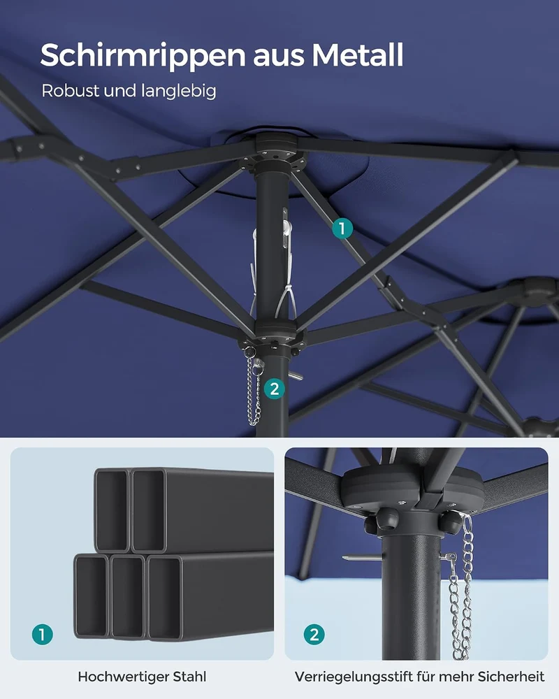 SONGMICS Doppelsonnenschirm 460 x 270 cm, UV-Schutz bis UPF 50+, mit Kurbel dämmerungsblau 460 x 270