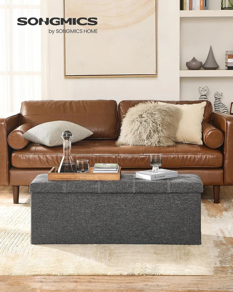 SONGMICS Sitzbank mit Stauraum, Sitztruhe, Sitzhocker, faltbar, 110 x 38 x 38 cm, Bezug aus Leinenim