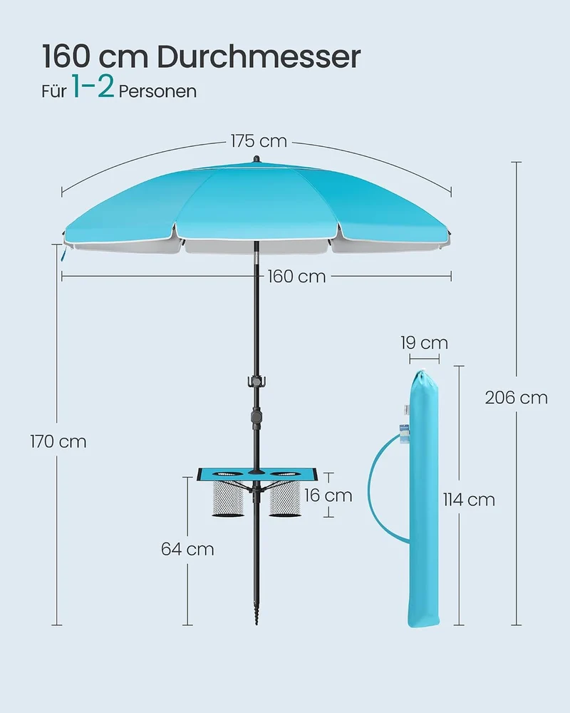 SONGMICS Sonnenschirm 160 cm, UPF 50+, höhenverstellbar, ohne Ständer blau 160 cm, blau 160 cm
