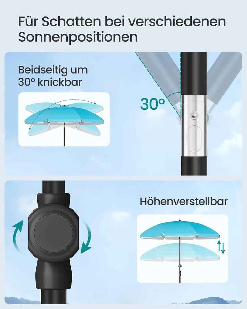 SONGMICS Sonnenschirm 160 cm, UPF 50+, höhenverstellbar, ohne Ständer blau 160 cm, blau 160 cm