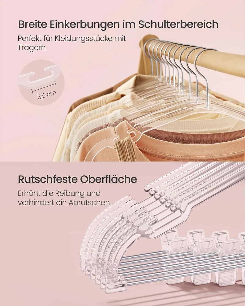 SONGMICS Hosenbügel, 30 Stück, transparente Kunststoffbügel, 40,6 x 22,5 cm, Rockbügel mit verschieb