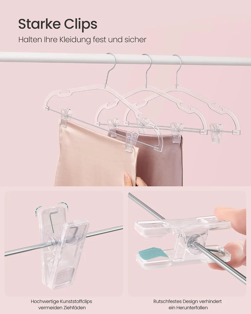 SONGMICS Hosenbügel, 30 Stück, transparente Kunststoffbügel, 40,6 x 22,5 cm, Rockbügel mit verschieb