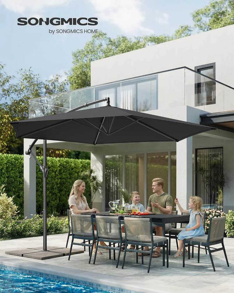 SONGMICS Sonnenschirm, Ampelschirm 350 cm d, mit Ständer, UV-Schutz UPF 50+ Grau 350 cm, Grau 350 cm