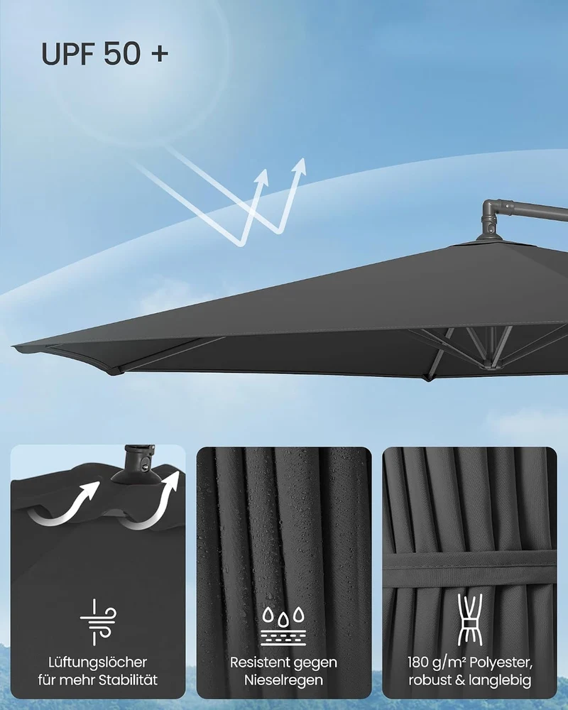 SONGMICS Sonnenschirm, Ampelschirm 350 cm d, mit Ständer, UV-Schutz UPF 50+ Grau 350 cm, Grau 350 cm
