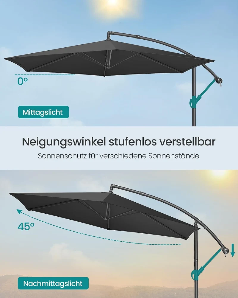 SONGMICS Sonnenschirm, Ampelschirm 350 cm d, mit Ständer, UV-Schutz UPF 50+ Grau 350 cm, Grau 350 cm