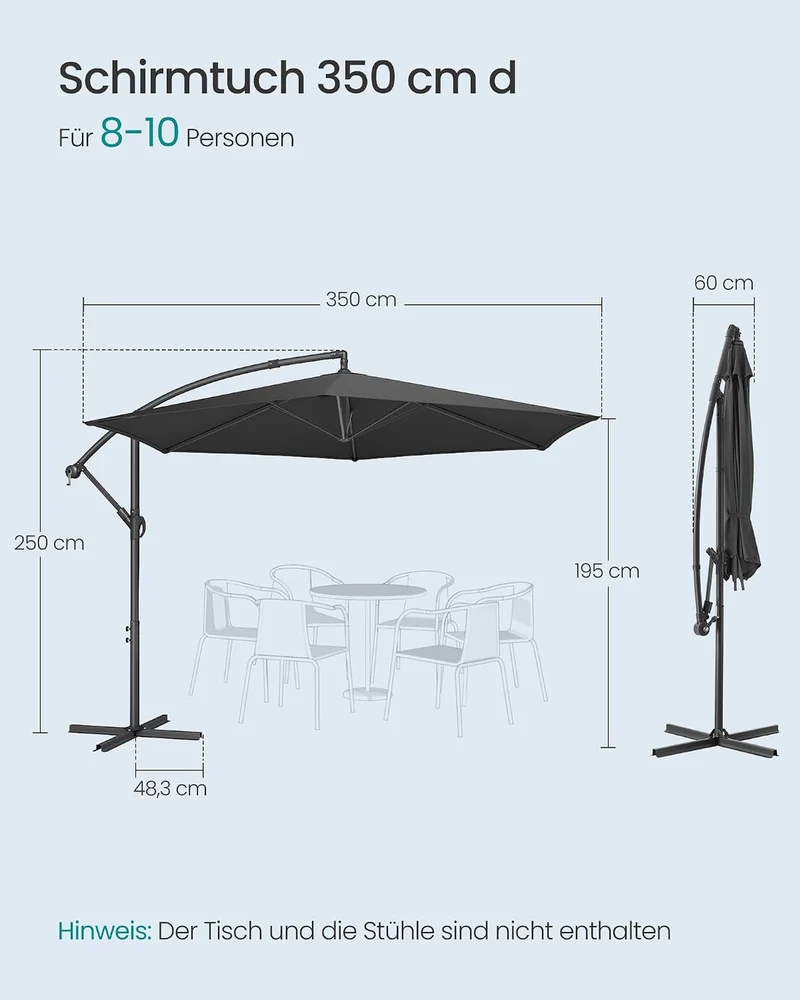 SONGMICS Sonnenschirm, Ampelschirm 350 cm d, mit Ständer, UV-Schutz UPF 50+ Grau 350 cm, Grau 350 cm