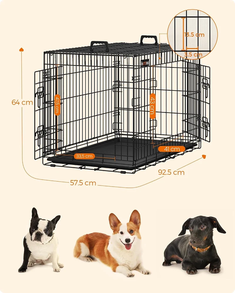 Feandrea Hundekäfig, klappbar, mit 2 Türen, ausziehbare Kunststoffschale, 92,5 x 57,5 x 64 cm, L, sc