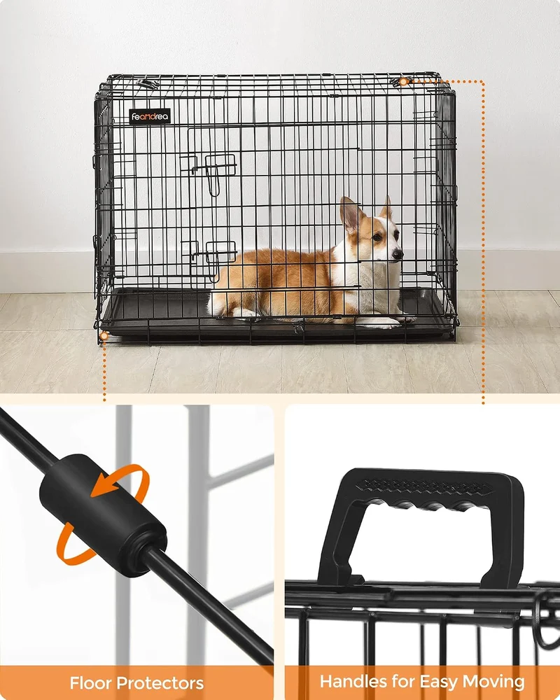 Feandrea Hundekäfig, klappbar, mit 2 Türen, ausziehbare Kunststoffschale, 92,5 x 57,5 x 64 cm, L, sc
