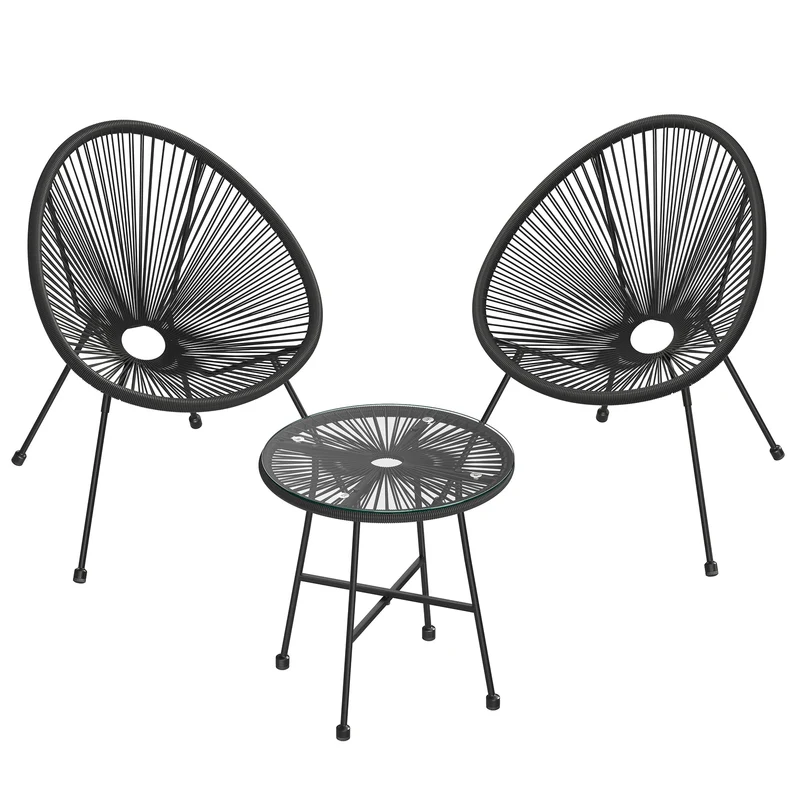 SONGMICS Balkonmöbel, 3er Set, 2 Stühle, Tischoberfläche aus Glas Schwarz, Schwarz