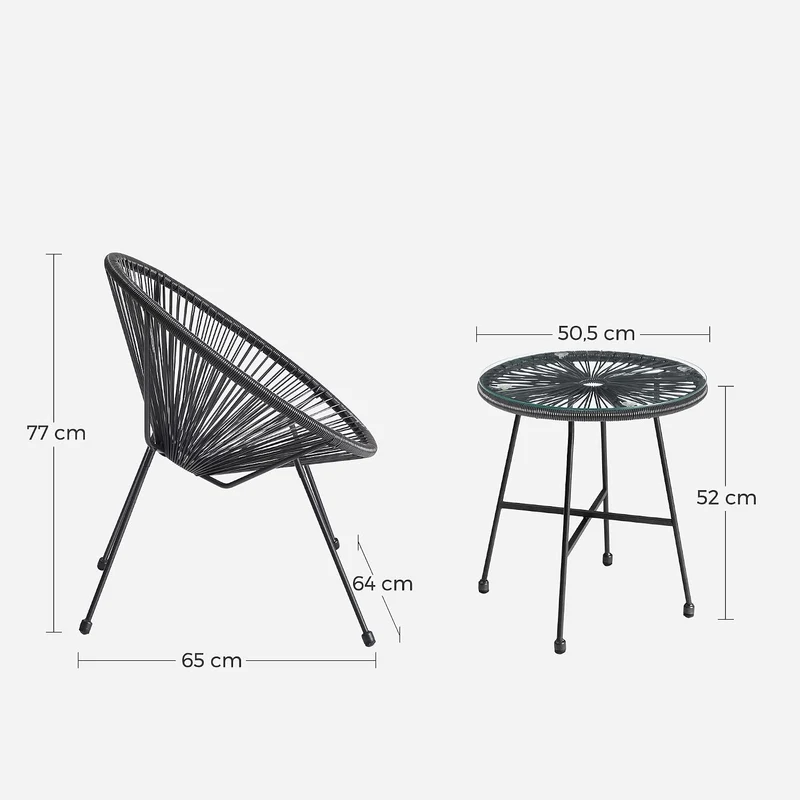 SONGMICS Balkonmöbel, 3er Set, 2 Stühle, Tischoberfläche aus Glas Schwarz, Schwarz