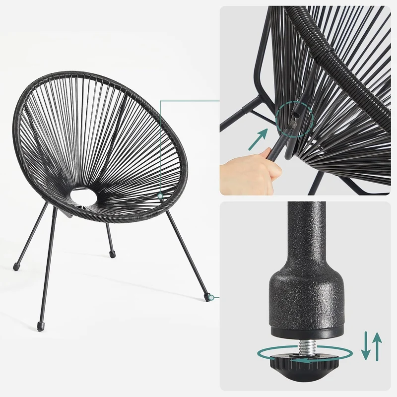 SONGMICS Balkonmöbel, 3er Set, 2 Stühle, Tischoberfläche aus Glas Schwarz, Schwarz