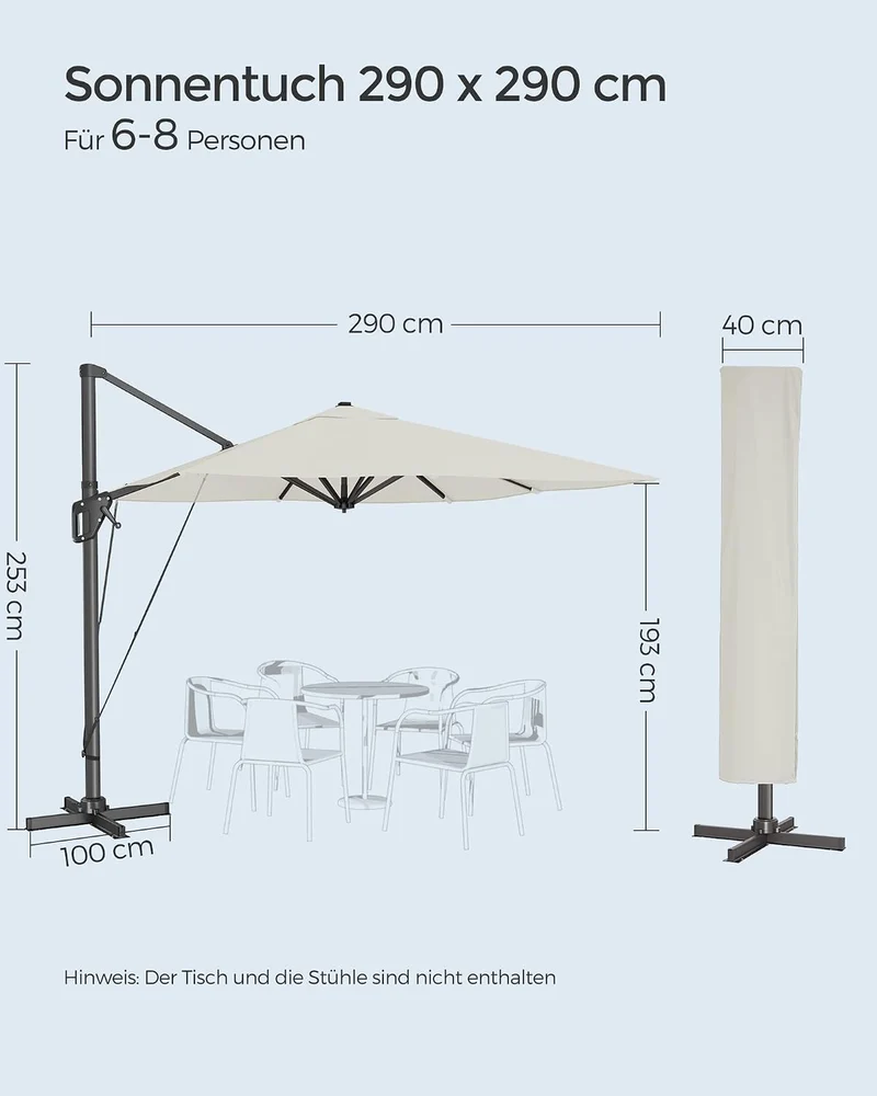 SONGMICS Sonnenschirm 290 x 290 cm, Ampelschirm, UV-Schutz UPF 50+