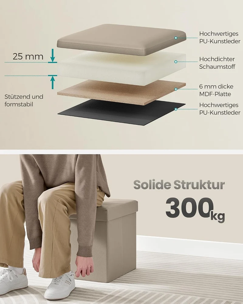 SONGMICS Sitzhocker 38 cm, faltbar, mit Deckel, PVC-Leder