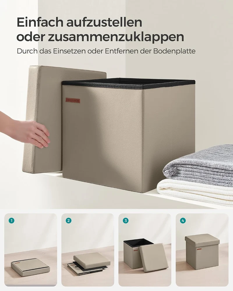 SONGMICS Sitzhocker 38 cm, faltbar, mit Deckel, PVC-Leder