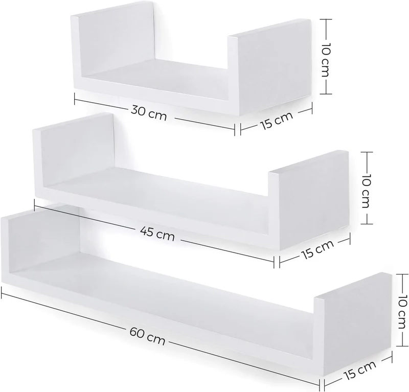 SONGMICS 3er Set Wandregale, Schweberegale in U-Form, Hochglanzoberfläche Weiss 60 x 15 x 10 cm, 45