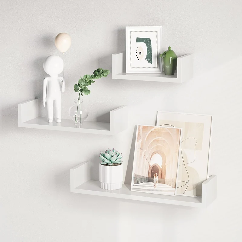 SONGMICS 3er Set Wandregale, Schweberegale in U-Form, Hochglanzoberfläche Weiss 60 x 15 x 10 cm, 45