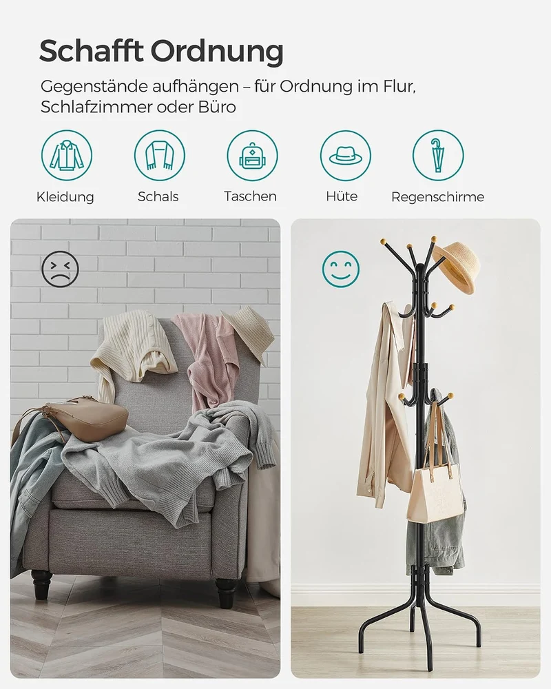 SONGMICS Garderobenständer, Kleiderbügel aus Metall mit 12 Haken, Garderobe, 4 Beine, Jackenständer