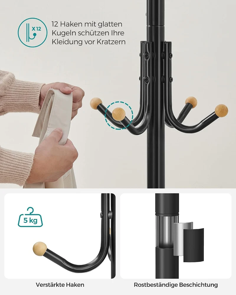SONGMICS Garderobenständer, Kleiderbügel aus Metall mit 12 Haken, Garderobe, 4 Beine, Jackenständer