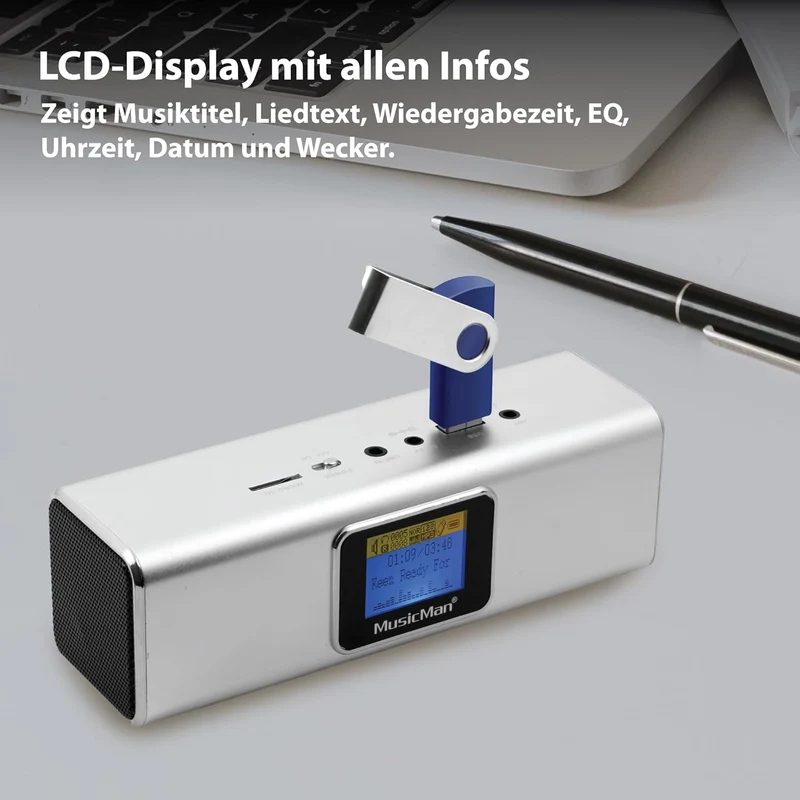 Musicman MA Soundstation Stereo-Lautsprecher mit integriertem Akku und LCD Display (MP3 Player, Radi
