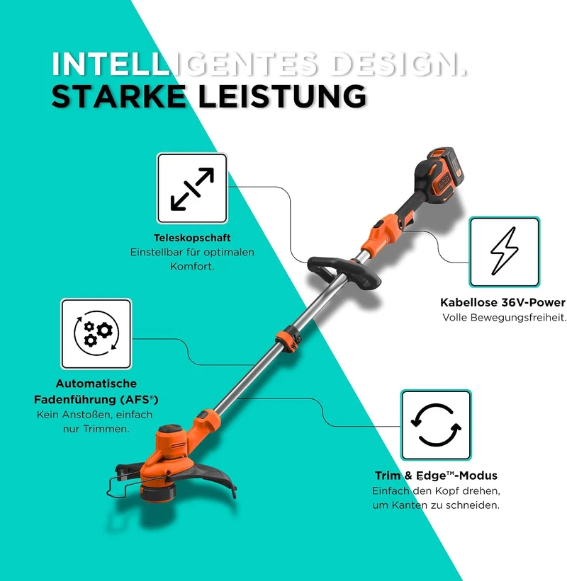 Black+Decker Akku-Rasentrimmer BCSTA536L1 (36V 2,5Ah, Schnittbreite 33 cm, kohlebürstenloser Motor,