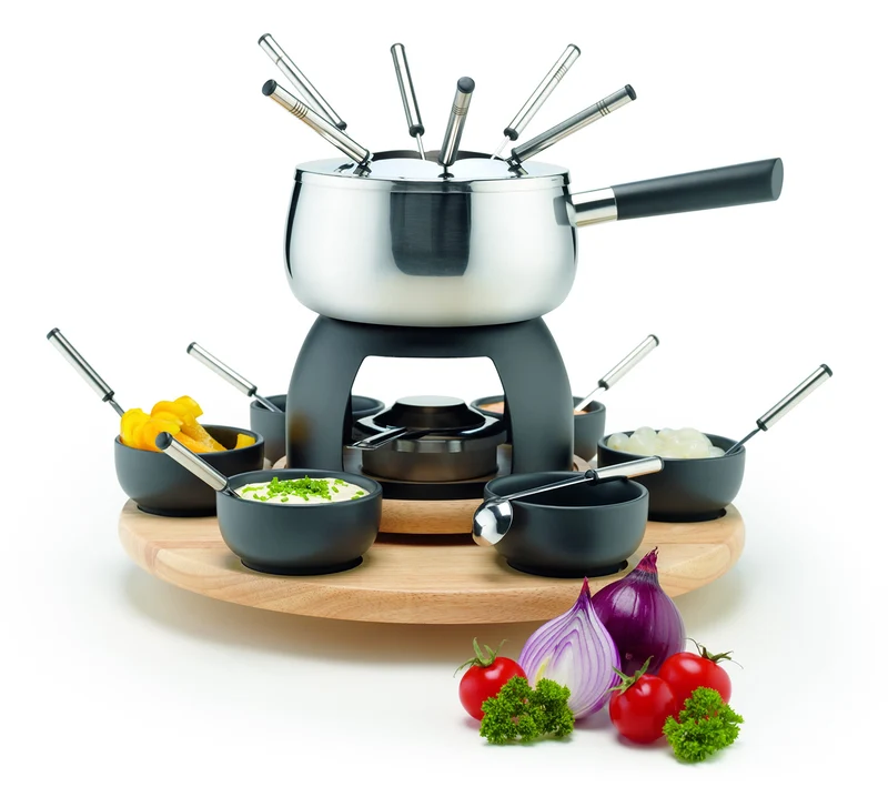 Mäser 931229 Fondue-Set 23-teilig, Edelstahl Fonduetopf inklusive Spritzschutz, Rechaud, Drehkarusse