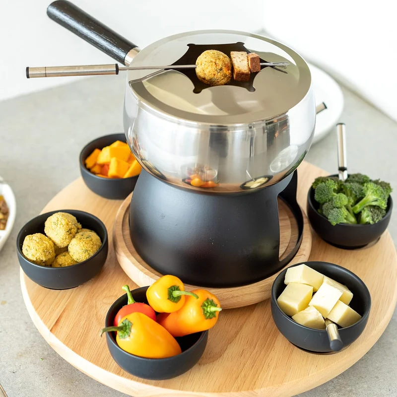 Mäser 931229 Fondue-Set 23-teilig, Edelstahl Fonduetopf inklusive Spritzschutz, Rechaud, Drehkarusse