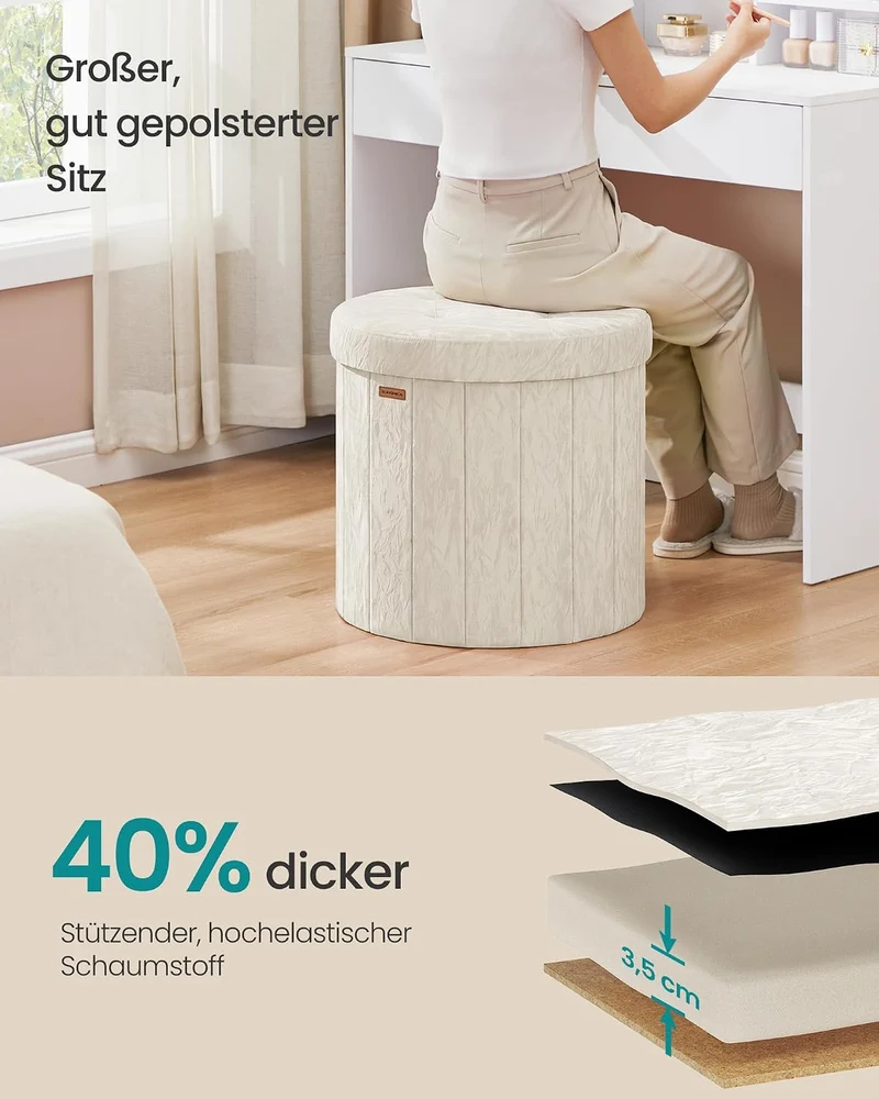 SONGMICS Runder Sitzhocker mit Stauraum, PU-Leder, 65 L, Faltbar Cremeweiss PU-Leder, Cremeweiss PU-