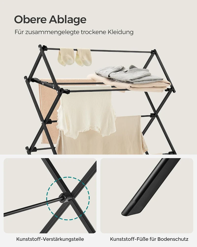 SONGMICS Wäscheständer, Standtrockner klappbar, kompakt, platzsparend, Stahlrahmen, 37 x 75 x 135,1