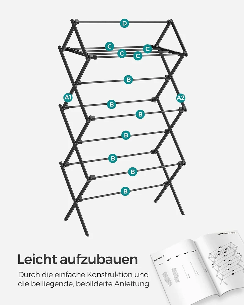 SONGMICS Wäscheständer, Standtrockner klappbar, kompakt, platzsparend, Stahlrahmen, 37 x 75 x 135,1