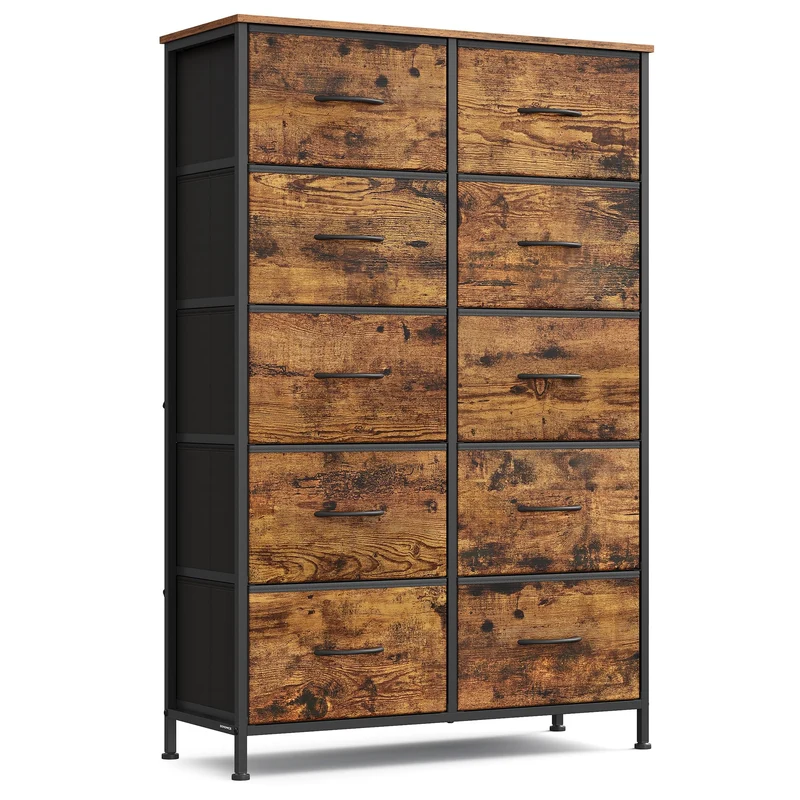 SONGMICS Kommode mit 10 Schubladen, Aufbewahrungsschrank, modern Vintagebraun + Tintenschwarz 30T x