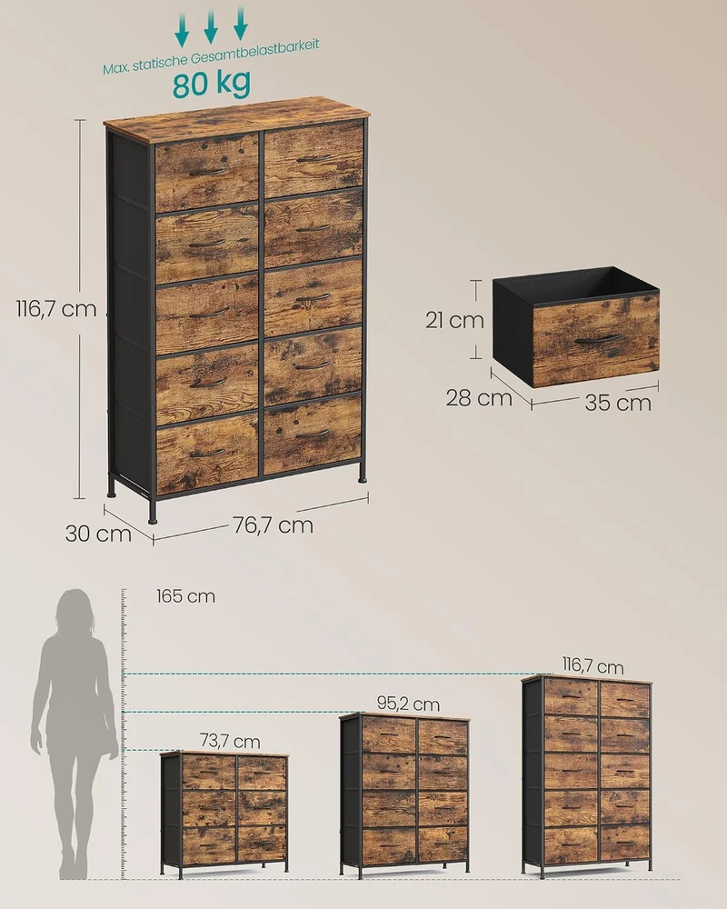 SONGMICS Kommode mit 10 Schubladen, Aufbewahrungsschrank, modern Vintagebraun + Tintenschwarz 30T x